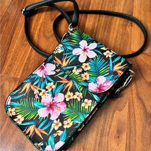 Tropical Floral Crossbody Bag - Black and Multicolor